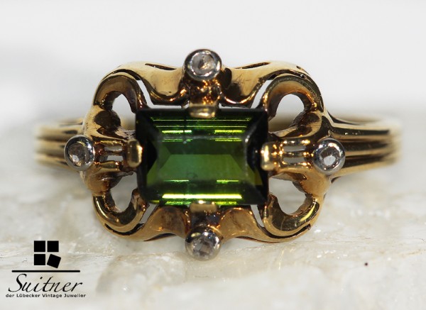 Ring antik um 1900 grüner Turmalin 585 Gold Diamantrosen