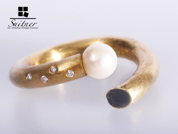 Ring 925er Silber 750 Gelbgold Perle Diamant
