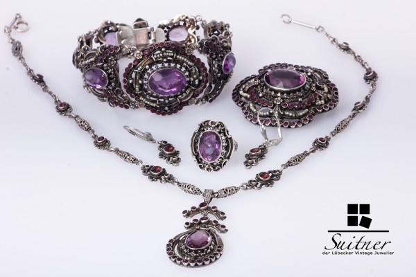 Schmuck Set Antik 1850 Amethyst Armband Kette Ohrring Ring Silber Parure