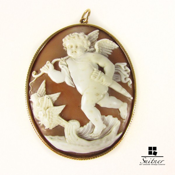 riesige antike Amor / Putto Kammee Gemme XL 585er Gold Anhänger Pendant