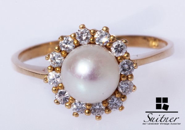 Perlen Brillant Ring 750 Gold Brillanten Gr. 56