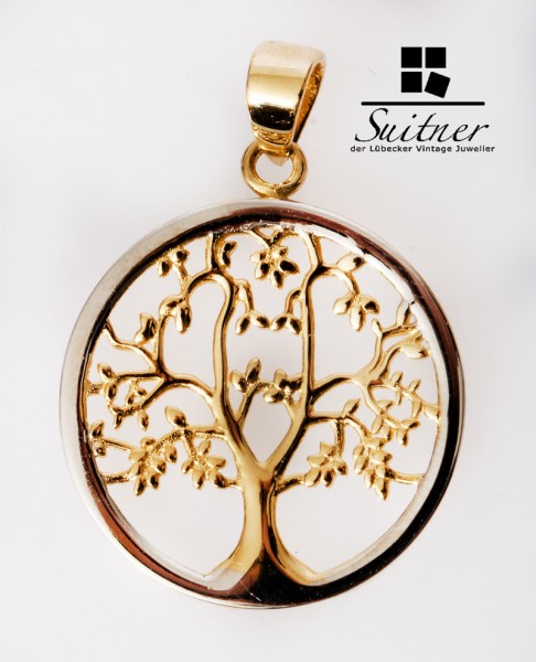 Lebensbaum Anhänger 585 Gold - rundes Design floral Baum Pendant