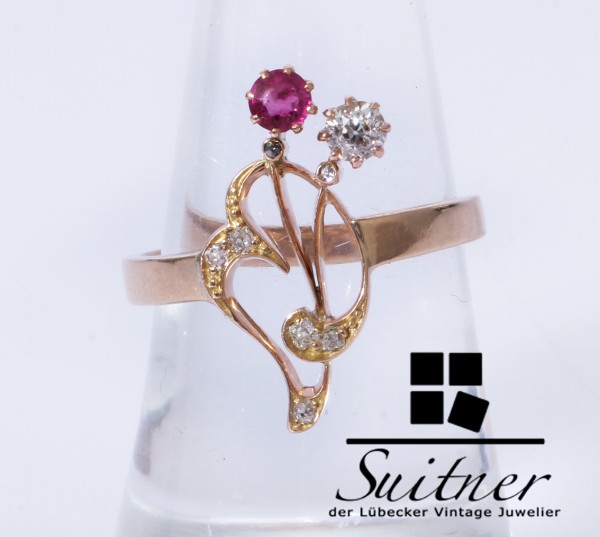 Antiker Diamant Rubin Ring 585 Gold Gr. 56 Jugendstil Art Nouveau Blume