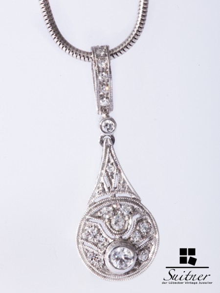 Art Deko Lavaliere Kette mit Anhänger Weißgold 750 Brillanten Diamanten