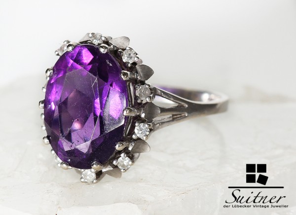 toller Amethyst Brillant Ring aus 585 Weißgold im Art Deco Stil