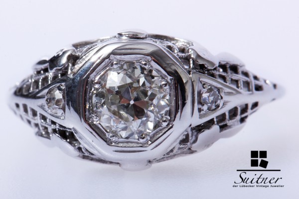 Art Deko Ring 585 Weißgold 1 Altschliff Diamant ca. 0,50 ct