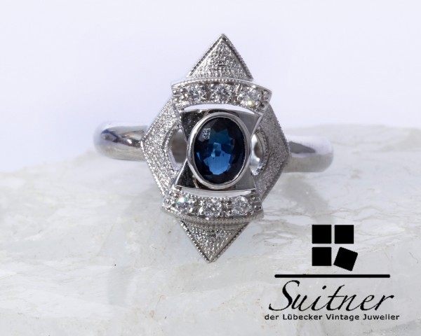 Art Deco Saphir Ring mit Brillanten aus 750 Weißgold Gr. 53 Gold Navette