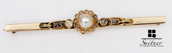 antike Art Deco Stabbrosche mit Perle und Altschliff Diamanten 585 Gold Formen