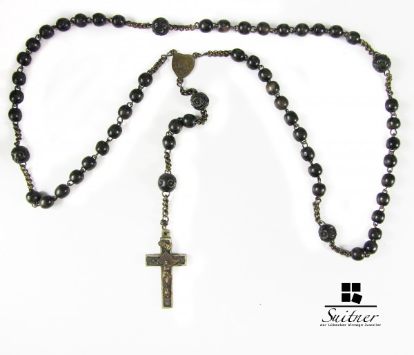 Antike Gebetskette katholisch sakral Kruzifix Rosenkranz Ebenholz Kupfer