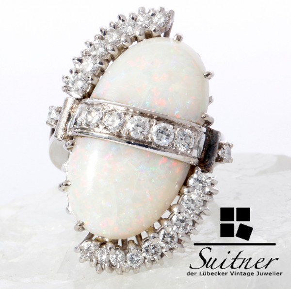 Art Deco großer Opal Ring 585 Weißgold Brillanten Gr. 50 Unikat