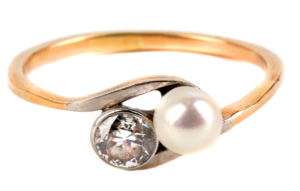 antiker Cross Over Ring 585 Gold Platin mit 0,40ct. Diamant und Perle RG 58