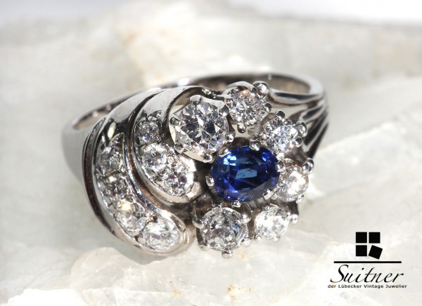 wertvoller 1,40ct. Jugendstil Saphir Brillant 585 Weißgold Ring Gr 60 Art Nouveau