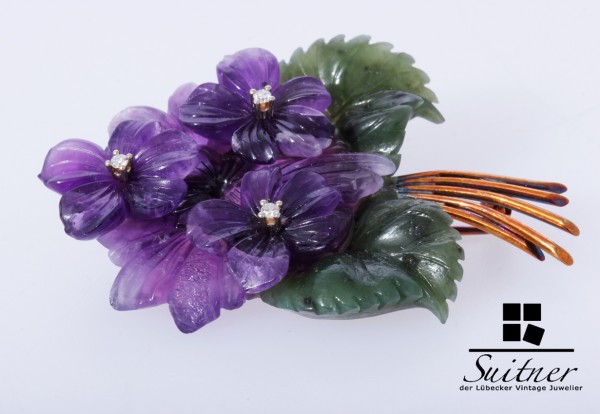 Handarbeit Blumen XL Brosche 585 Gold mit Diamanten Amethyst Achat