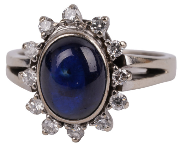 Vintage 4,23ct. Saphir Cabochon Ring mit Brillianten 585 Weißgold Gr. 52