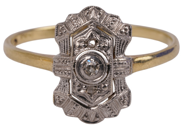 antiker Art Deco Ring 585 Gold und Platin mit Diamant Gr. 54,5 Schild Navette