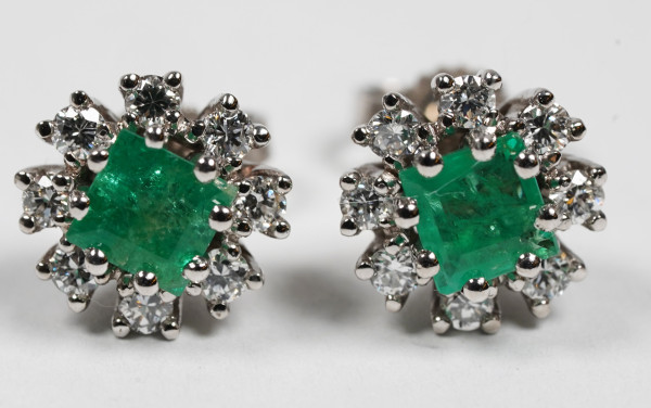 Vintage 1,62ct. Smaragd Brillant Ohrstecker aus 585 Weißgold Emerald Green