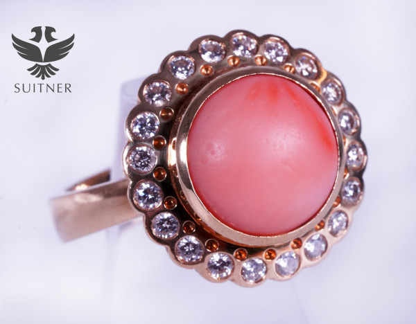 Vintage Korallen Ring mit 0,86ct Brillanten 750 Gold Gr. 59 Coral Design