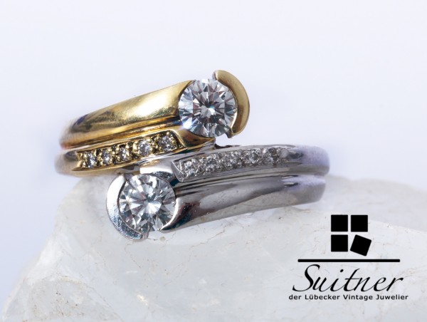 moderner Cross Over Ring 0,75 ct Brillant 585 Weißgold / Gold Gr. 53