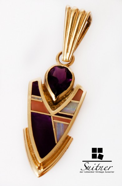 Anhänger Navajo Ray Tracey Indianer 585 Gold Amethyst Opal Unikat selten