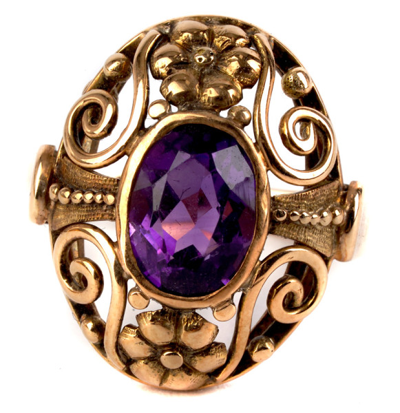 Vintage Blumen, Blüten und Ranken Ring mit Amethyst Lila 585 Gold Gr. 50