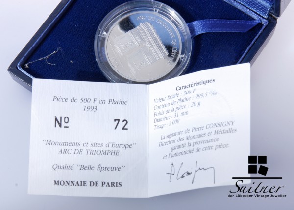 Paris 500 Francs 70 Ecus 999 Platin 1993 mit Box Papieren Platinium