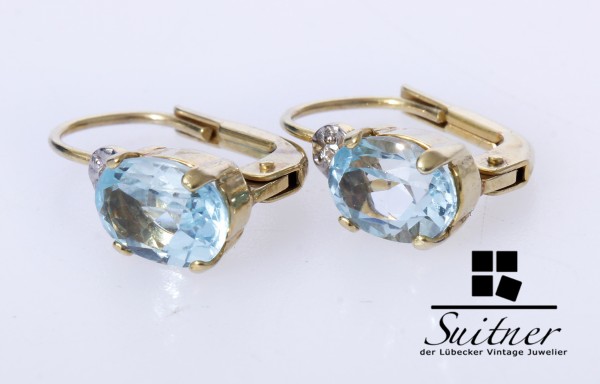 Klassische Ohrringe aus Gold mit Diamant und Topas in Blau wie Aquamarin