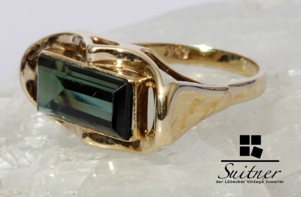 Art Deco Turmalin Ring aus Gold Gr. 57 Waldgrün Flaschengrün Baquette