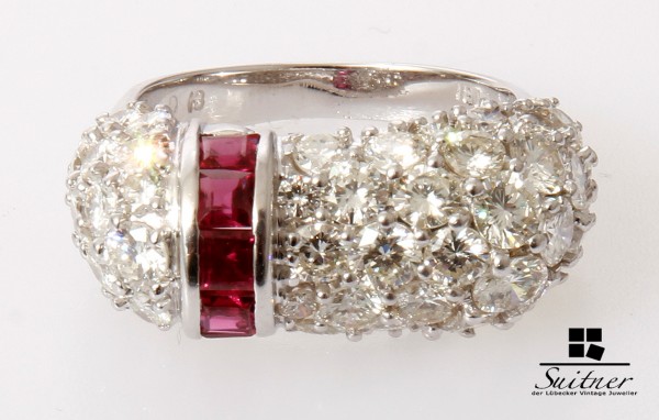 Art Deco 5,60ct. Brillant Bandring mit Rubinen 750 Weißgold Taubenblut Burma