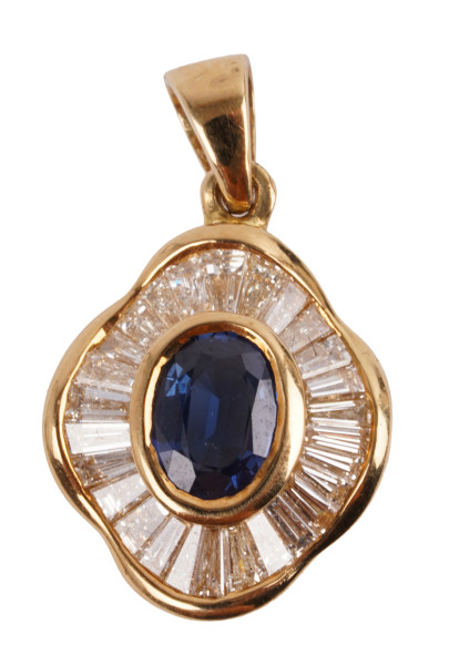 wertvoller 3,00ct. Saphir Diamant Trapezschliff Anhänger 750 Gold Kornblumen Blau