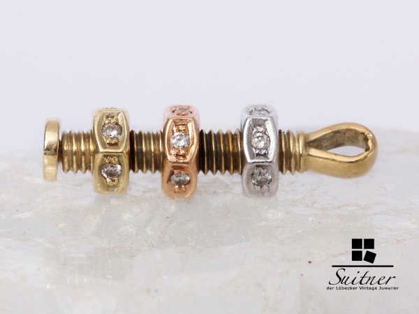 extravaganter Anhänger Schraube 585 Gold tricolor mit 18 Brillanten Luxus