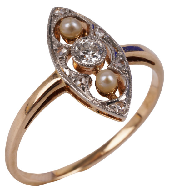 Art Deco Schiffchenring mit 7 Diamanten und Perlen aus 585 Gold Gr 53,5 Navette