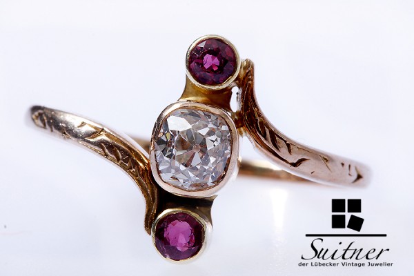 Antiker Diamant Rubin Ring ca. 0,75 ct. 585 Gelbgold Gr. 59