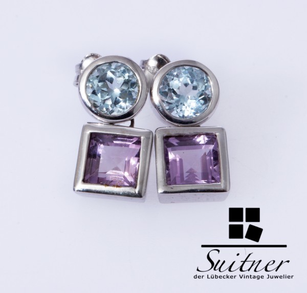 moderne Amethyst Blautopas Ohrringe 585 Weißgold neuwertig Gold Blau Lila
