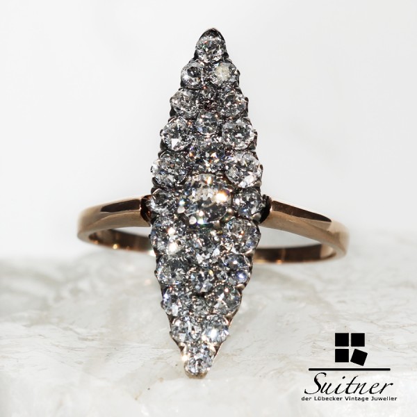 antiker Navette Schiffchen Ring mit Diamanten um 1880 zus. ca. 1,4 ct. 585 Gold