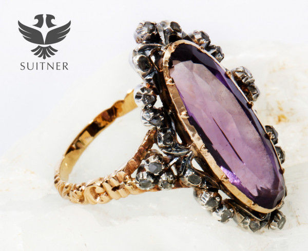 Antiker Amethyst Ring 750 Gold Gr. 58 Schiffchen Navette mit Diamanten Unikat