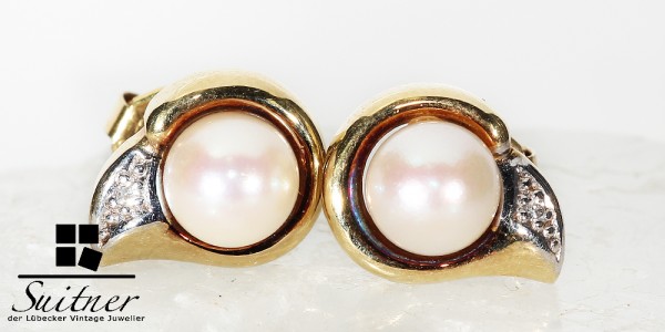 Perlen Ohrstecker 585 Gold mit Akoya Perle und Diamant