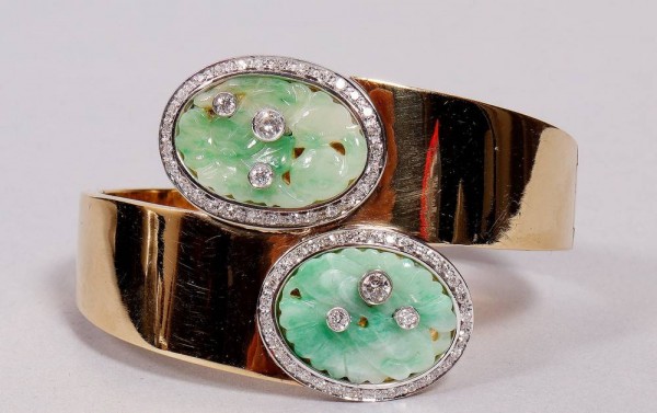 XL Armreif mit Jade und 0,72 Brillanten aus 750 Gold Unikat Asien 77 Gramm