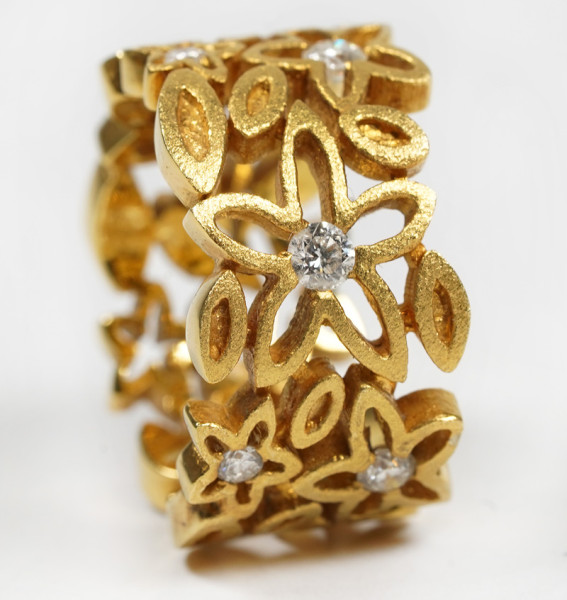 Unikat massiver 3D Blumen Ring aus 585 Gold mit Brillanten floral Design Gr. 55
