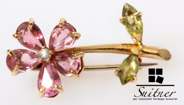 wertvolle antike Morganit und Peridot Blumen Brosche Brillant 750 Gold
