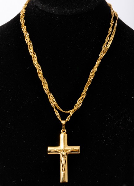 moderne Kreuz Kette mit Jesus Darstellung 375 Gold an Kordelkette Collier