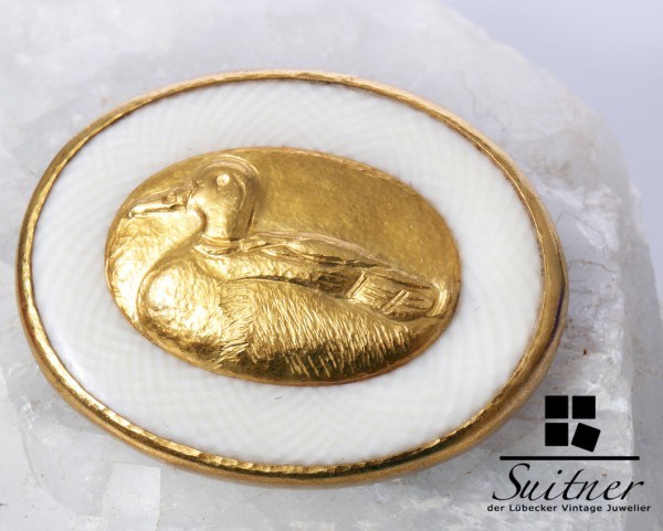 Unikat Brosche 750 und 900 Gold Ente mit Zeitungsbericht Lalique Wendelstein Trude