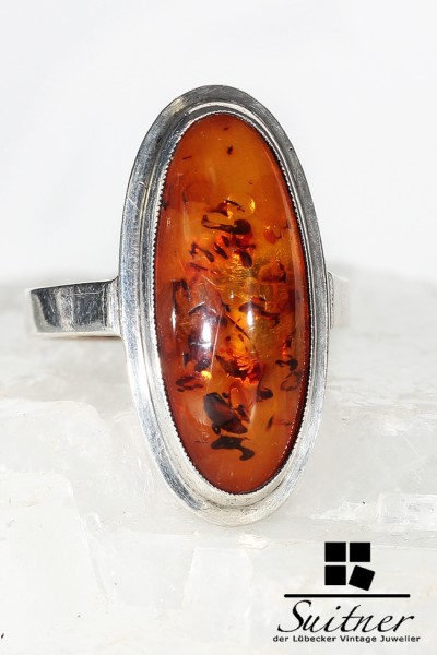 großer Bernstein Ring aus Silber im Stile des Art Deco - Amber Silver