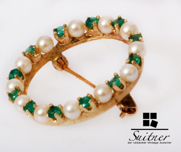 Vintage Design Brosche mit Smaragd und Perlen 585 Gold - Kreis Rund
