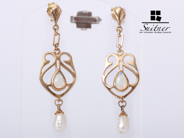 Jugendstil Ohrringe Opal Süßwasserzuchtperle Gold Gelbgold Hänger
