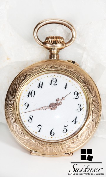 antike Taschenuhr 585 Gold Open Face mit Lack Emaille Dekor Art Nouveau JR