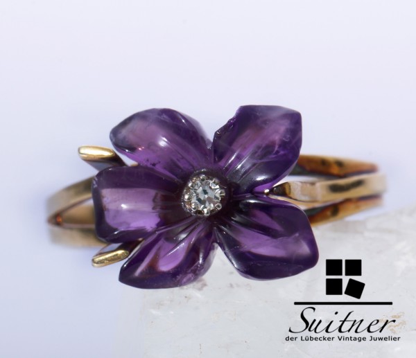 feiner Blüten Ring Brillant Lila 585 Gold Gr. 63 handpolierte Steine