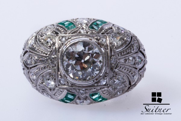 Art Deko Ring Smaragde Brillanten 1 Solitär ca. 1,00 ct. Gr.49 Weißgold Platin