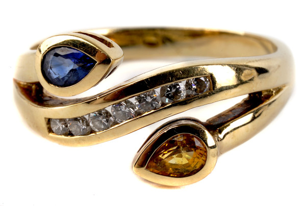 moderner Saphir Brillant Cross Over Ring 585 Gold Gr. 55,5 Bau Gelb