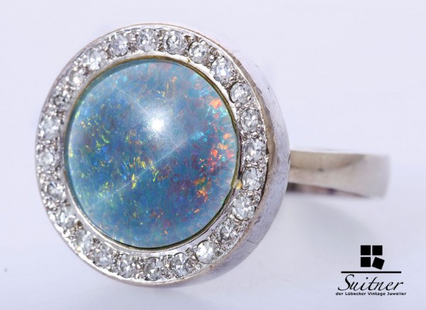 großer Opal Ring mit Brillanten 585 Weißgold Gr. 60 Rund Art Deco Stil