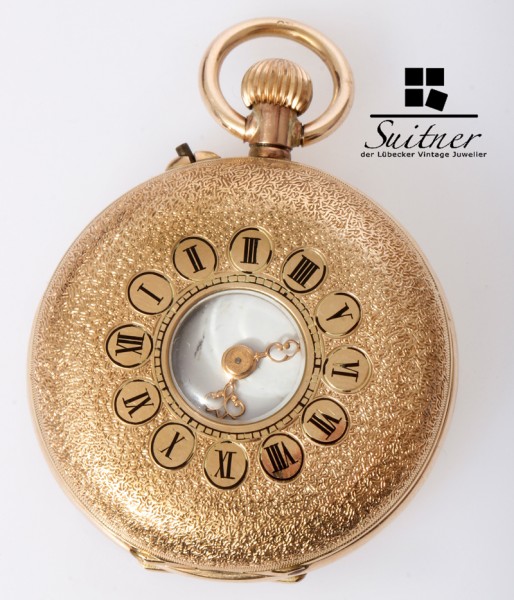 feine Taschenuhr 585 Gold 3 Deckel Sichtfenster um 1900 floral